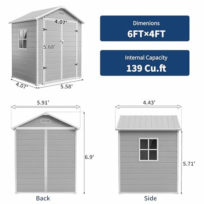 Resin Outdoor Storage Sheds 4x6 ft, Upgraded Double-Wall Outdoor Plastic Shed with Window & Double Doors, Waterproof Lockable Garden Shed (Light Gray, 6 X 4 ft) by PeakPursuit - Image 3