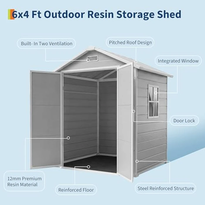 Resin Outdoor Storage Sheds 4x6 ft, Upgraded Double-Wall Outdoor Plastic Shed with Window & Double Doors, Waterproof Lockable Garden Shed (Light Gray, 6 X 4 ft) by PeakPursuit - Image 4