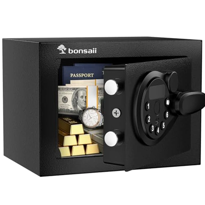 Bonsaii Safe Box with Electronic Keypad, Steel Security Lock Box with Key, 0.23 Cubic Feet, 9.06" W x 6.69" D x 6.69" H, Small Hidden Safe for Cash Jewelry by bonsaii - Image 1