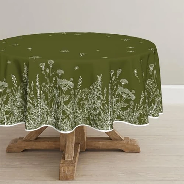 Horaldaily Spring Summer Tablecloth 70x70 Inch Round, Wild Flowers Floral Moss Green Washable Seasonal Table Cover for Party Picnic Dinner Decor by Horaldaily - Image 1