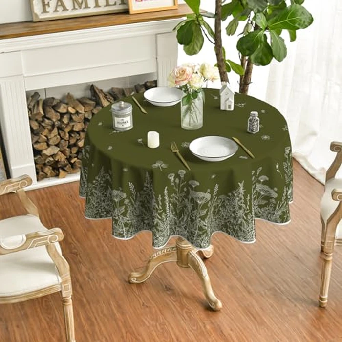 Horaldaily Spring Summer Tablecloth 70x70 Inch Round, Wild Flowers Floral Moss Green Washable Seasonal Table Cover for Party Picnic Dinner Decor by Horaldaily - Image 2