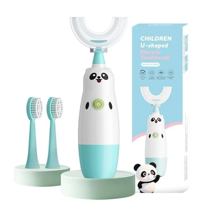 Kids U-Shaped Electric Toothbrush with 2 Brush Heads, Toddlers Sonic with 360 Degree Cleaning, Soft Bristles, Battery Included, IPX7 Waterproof, Cute cartoon for Girls and Boys, Ages 8-13 (Blue) by Meqtpomy - Image 1