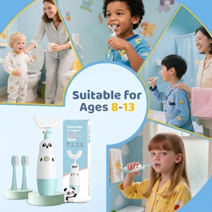 Kids U-Shaped Electric Toothbrush with 2 Brush Heads, Toddlers Sonic with 360 Degree Cleaning, Soft Bristles, Battery Included, IPX7 Waterproof, Cute cartoon for Girls and Boys, Ages 8-13 (Blue) by Meqtpomy - Image 3