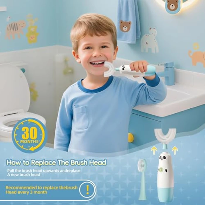 Kids U-Shaped Electric Toothbrush with 2 Brush Heads, Toddlers Sonic with 360 Degree Cleaning, Soft Bristles, Battery Included, IPX7 Waterproof, Cute cartoon for Girls and Boys, Ages 8-13 (Blue) by Meqtpomy - Image 5