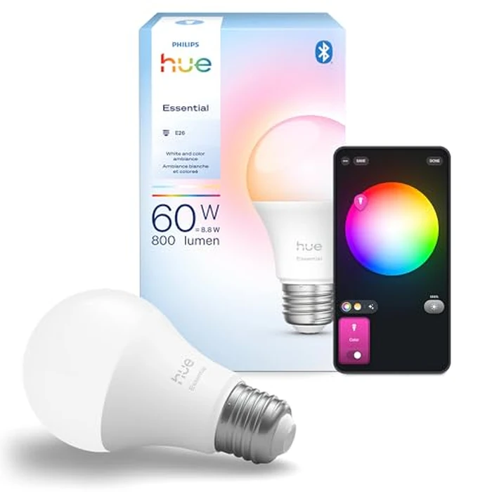 Philips Hue Essential Smart LED A19 Bulb, White and Color Ambiance, E26 Base, 8.8W, 2200K-6500K, 800 Lumens, Dimmable, Works with Alexa, Google Assistant, and Apple Home, 1 Pack by Philips Hue - Used - Like New condition - CA$19.62