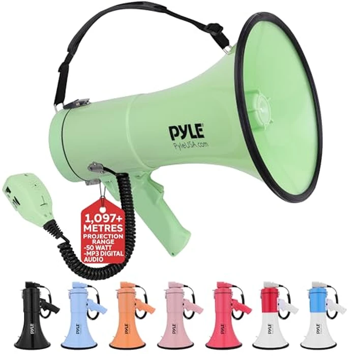 Pyle 50W Megaphone Bullhorn - Portable, Automatic Siren & Adjustable Volume,Projection Range Up to 1200 Square Yards, Aux Input, Talk, Siren, Music, Whistle, & Record, Shoulder Strap (Green) by Pyle - Used - Acceptable condition