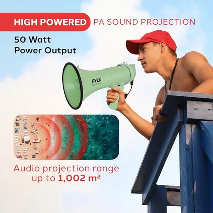 Pyle 50W Megaphone Bullhorn - Portable, Automatic Siren & Adjustable Volume,Projection Range Up to 1200 Square Yards, Aux Input, Talk, Siren, Music, Whistle, & Record, Shoulder Strap (Green) by Pyle - Image 2