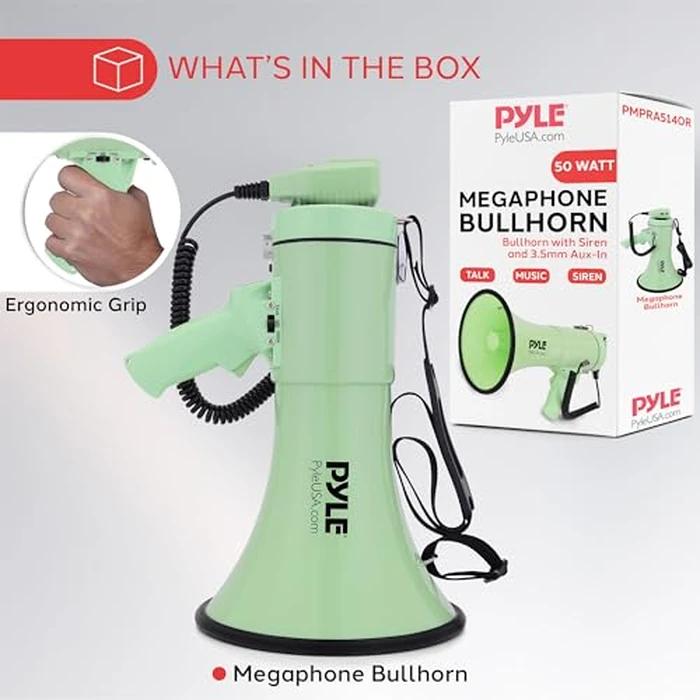 Pyle 50W Megaphone Bullhorn - Portable, Automatic Siren & Adjustable Volume,Projection Range Up to 1200 Square Yards, Aux Input, Talk, Siren, Music, Whistle, & Record, Shoulder Strap (Green) by Pyle - Image 7