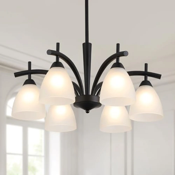 Q&S Modern Farmhouse Black Frosted Glass Chandelier Rustic Kitchen Light Fixtures 6 Lights for Dining Room Living Room Foyer Entryway Bedroom UL Listed D25.6 Inches by Q&S - Used - Very Good condition