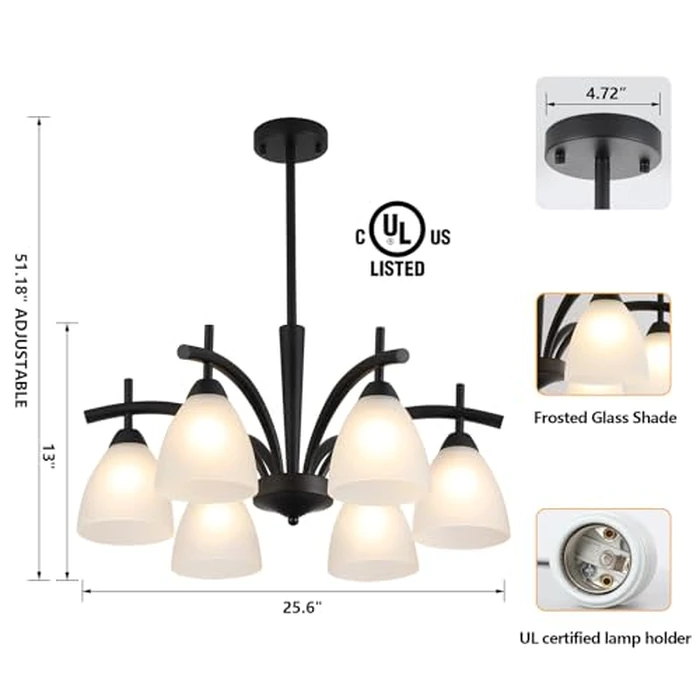 Q&S Modern Farmhouse Black Frosted Glass Chandelier Rustic Kitchen Light Fixtures 6 Lights for Dining Room Living Room Foyer Entryway Bedroom UL Listed D25.6 Inches by Q&S - Image 2