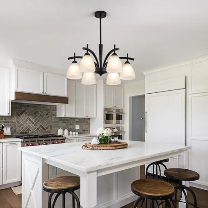 Q&S Modern Farmhouse Black Frosted Glass Chandelier Rustic Kitchen Light Fixtures 6 Lights for Dining Room Living Room Foyer Entryway Bedroom UL Listed D25.6 Inches by Q&S - Image 3