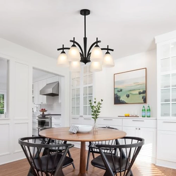Q&S Modern Farmhouse Black Frosted Glass Chandelier Rustic Kitchen Light Fixtures 6 Lights for Dining Room Living Room Foyer Entryway Bedroom UL Listed D25.6 Inches by Q&S - Image 4