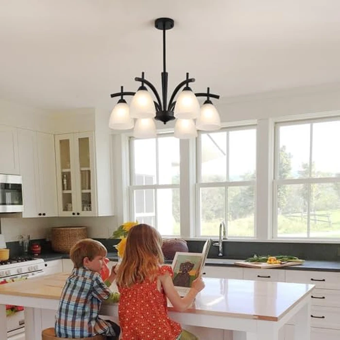 Q&S Modern Farmhouse Black Frosted Glass Chandelier Rustic Kitchen Light Fixtures 6 Lights for Dining Room Living Room Foyer Entryway Bedroom UL Listed D25.6 Inches by Q&S - Image 5