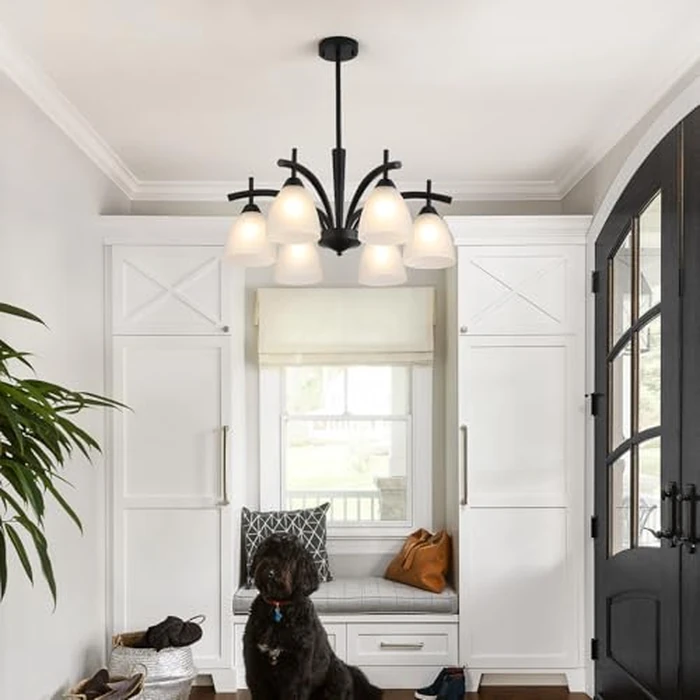 Q&S Modern Farmhouse Black Frosted Glass Chandelier Rustic Kitchen Light Fixtures 6 Lights for Dining Room Living Room Foyer Entryway Bedroom UL Listed D25.6 Inches by Q&S - Image 6