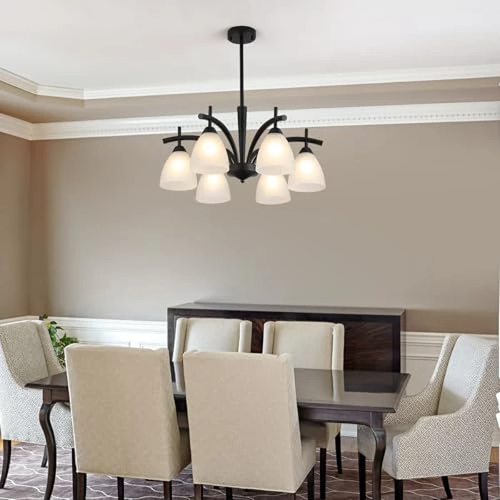 Q&S Modern Farmhouse Black Frosted Glass Chandelier Rustic Kitchen Light Fixtures 6 Lights for Dining Room Living Room Foyer Entryway Bedroom UL Listed D25.6 Inches by Q&S - Image 8