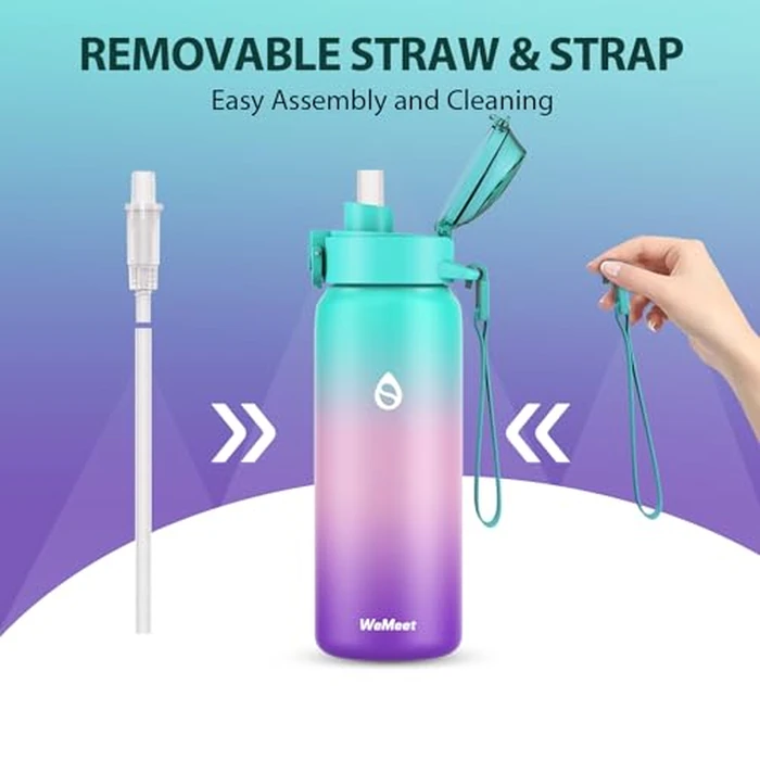 WEMEET 17oz Insulated Water Bottle with Removable Straw & Strap, 18/10 Stainless Steel Sports Bottle for Sports, Gym, Travel, and School(GREEN PINK PURPLE) by WEMEET - Image 3