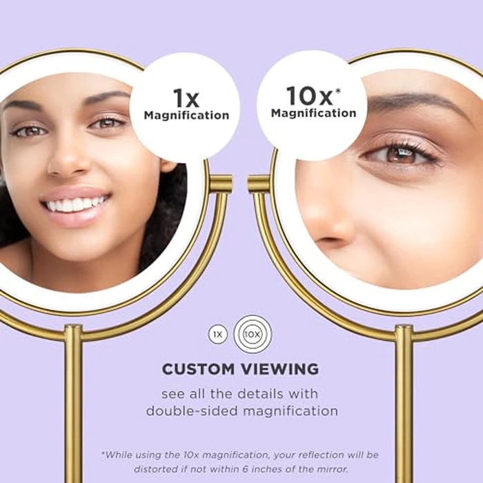Conair Lighted Makeup Mirror, Double-Sided LED Vanity Mirror with 1X/10X Magnification, 3 Light Settings, 3 Modes, 360 degrees Rotation, Brushed Brass Finish by Conair - Image 4