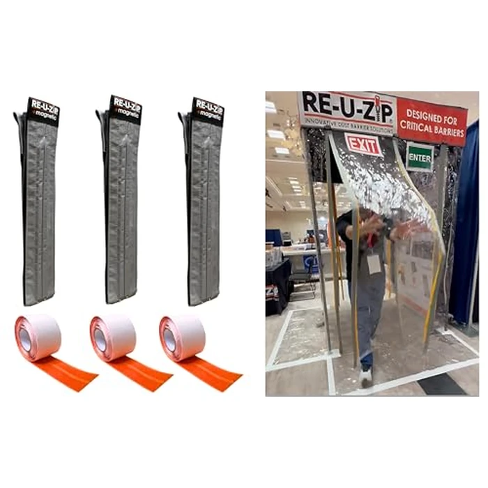 RE-U-ZIP Self-Closing Magnetic Dust Barrier Entry Strip, Hands-Free Zipper Alternative for Plastic Sheeting, Reusable, Custom Placement & Works Under Negative Air, 3-Pack by RE-U-ZIP - Used - Like New condition