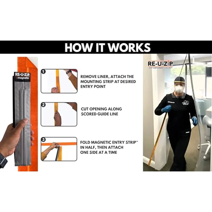RE-U-ZIP Self-Closing Magnetic Dust Barrier Entry Strip, Hands-Free Zipper Alternative for Plastic Sheeting, Reusable, Custom Placement & Works Under Negative Air, 3-Pack by RE-U-ZIP - Image 4