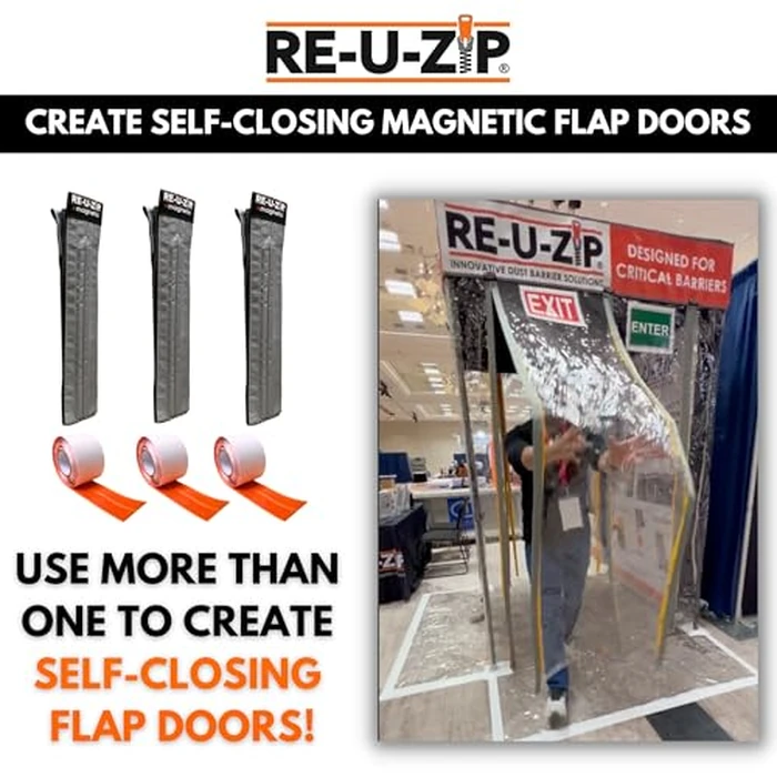 RE-U-ZIP Self-Closing Magnetic Dust Barrier Entry Strip, Hands-Free Zipper Alternative for Plastic Sheeting, Reusable, Custom Placement & Works Under Negative Air, 3-Pack by RE-U-ZIP - Image 7