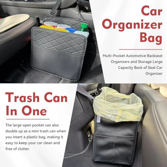 Witaxima Upgrade Car Seat Organizer Backseat with Storage Pockets, Multipurpose Car Organizer Hanging, Car Trash Bag Can,Premium PU Leather Garbage Can 2.14 Gallon Large Capacity, Black. by Witaxima - Image 3