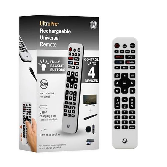 GE Rechargeable TV Remote Control, Universal Remote Control, Backlit Buttons, Samsung TV Remote Control Replacement for Smart TVs, Apple TV, Sony, Roku Replacement Remote, LG TV, 4-Device, 80984 by GE - Used - Acceptable condition - CA$17.26