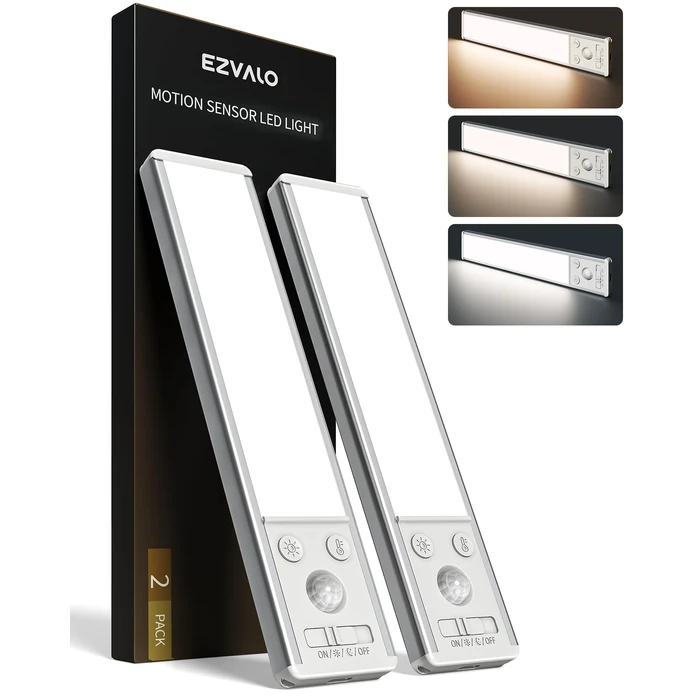 EZVALO 8" Under Cabinet Lighting, 2400mAh Rechargeable Motion Sensor Light Indoor, Mini & Slim Design, 3 Color Temps, Dimmable Magnetic Wireless Closet Lights for Kitchen, Pantry, Stairs (2 Pack) by EZVALO - Used - Very Good condition