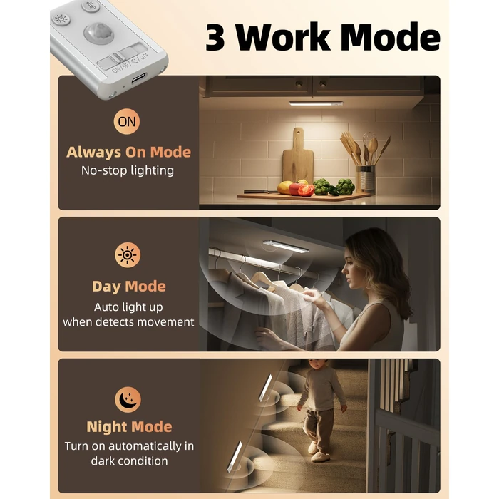 EZVALO 8" Under Cabinet Lighting, 2400mAh Rechargeable Motion Sensor Light Indoor, Mini & Slim Design, 3 Color Temps, Dimmable Magnetic Wireless Closet Lights for Kitchen, Pantry, Stairs (2 Pack) by EZVALO - Image 5