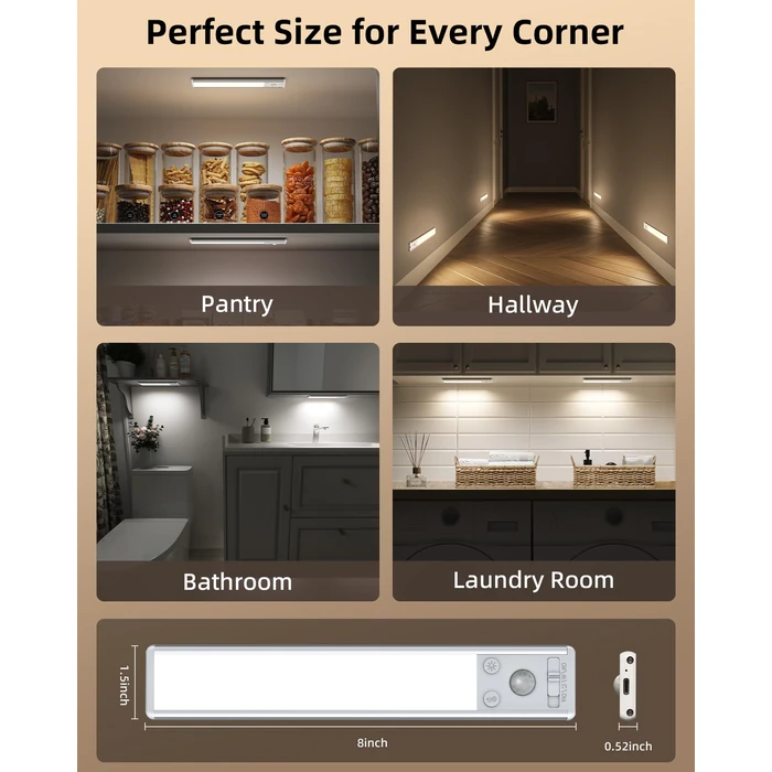 EZVALO 8" Under Cabinet Lighting, 2400mAh Rechargeable Motion Sensor Light Indoor, Mini & Slim Design, 3 Color Temps, Dimmable Magnetic Wireless Closet Lights for Kitchen, Pantry, Stairs (2 Pack) by EZVALO - Image 6