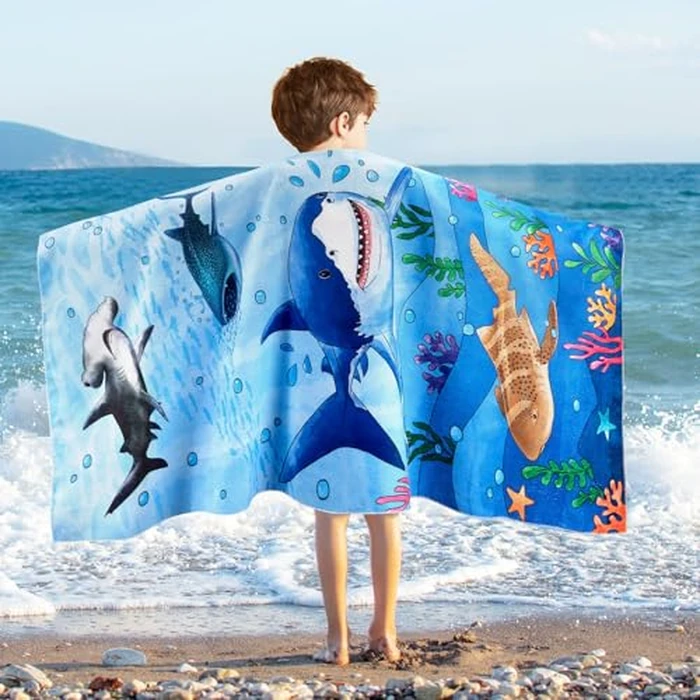 WERNNSAI Shark Kids Beach Towel for Boys-76x150 cm Quick Dry Sand-Free Swim Towels for Boys Super Soft Absorbent Towel, Pool Camping Travel Bath Towel for Outdoor Sports Picnic by WERNNSAI - Used - Very Good condition