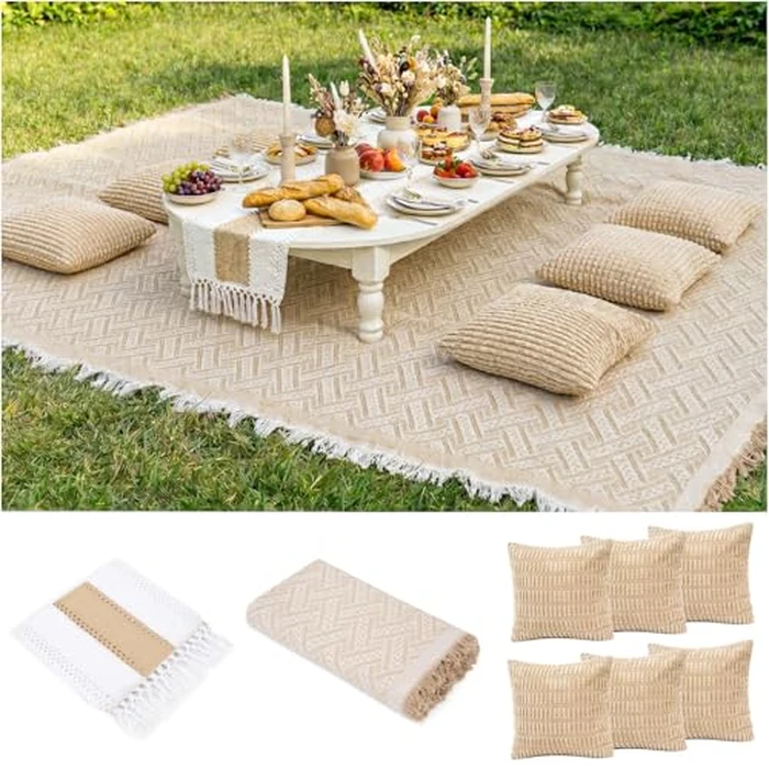 Extra Large Outdoor Boho Picnic Blanket with Table Runner and 6 Throw Pillows Covers for Outdoor Essentials Beach Accessories Garden Party Decoration Patio Park Lawn Grass Ground Festival Mat Beige XL by RYCHIC - Used - Like New condition - US$40.84