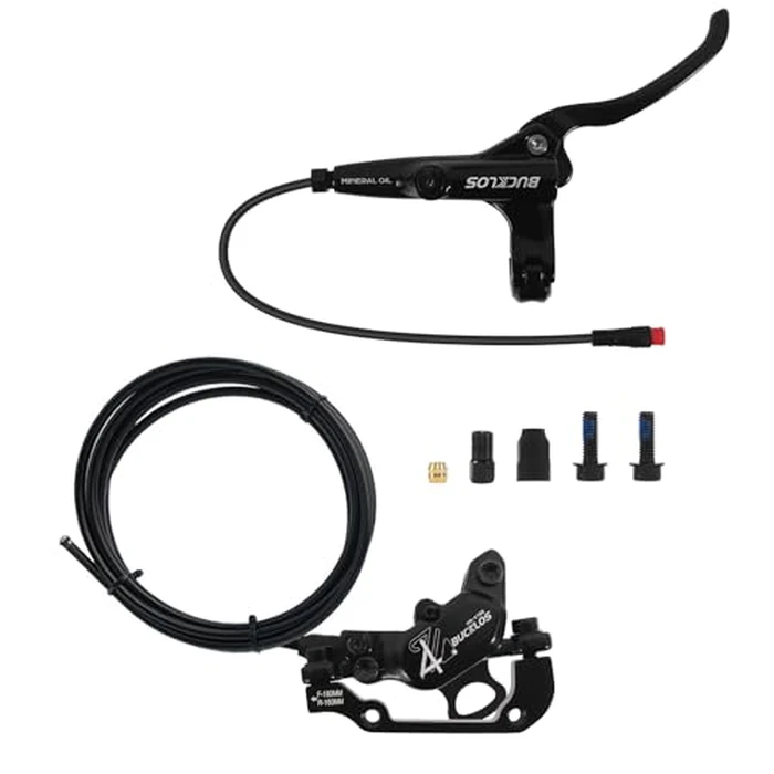 BUCKLOS EBike 2-PIN 4 Pistons Electric Power Off MTB Hydraulic Disc Brake Set,E-Bike Left Front 1150mm Right Rear 1950mm Aluminum Alloy Caliper Lever for ebike/Scooter/Mountain Bike HD-E735(Pre-Bled) by BUCKLOS - Image 1