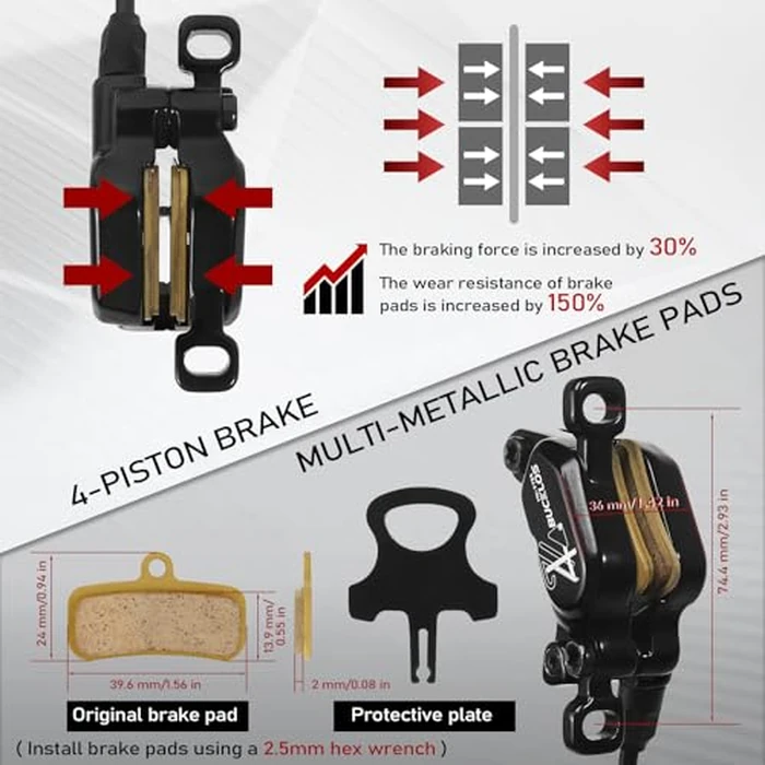 BUCKLOS EBike 2-PIN 4 Pistons Electric Power Off MTB Hydraulic Disc Brake Set,E-Bike Left Front 1150mm Right Rear 1950mm Aluminum Alloy Caliper Lever for ebike/Scooter/Mountain Bike HD-E735(Pre-Bled) by BUCKLOS - Image 3