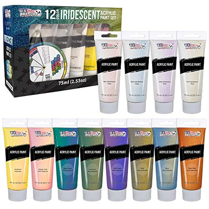 U.S. Art Supply 12-Color Iridescent Acrylic Paint Set Large 75ml Tubes - Luminescent, Chameleon, Color-Shifting Pearl Colors, Crafting Paints - Iridescent Paint Acrylics for Canvas, Wood, Rock, Paper by U.S. Art Supply - Image 1