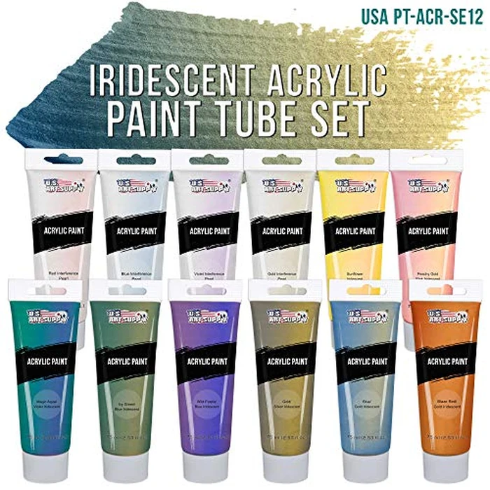 U.S. Art Supply 12-Color Iridescent Acrylic Paint Set Large 75ml Tubes - Luminescent, Chameleon, Color-Shifting Pearl Colors, Crafting Paints - Iridescent Paint Acrylics for Canvas, Wood, Rock, Paper by U.S. Art Supply - Image 2