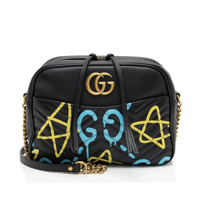 Gucci Matelasse Leather GG Marmont Ghost Medium Shoulder Bag - Leather - Black/Yellow/Blue by Gucci - Refurbished - Excellent condition