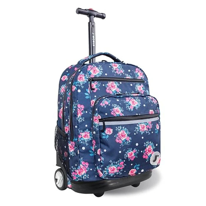 J World Sundance Laptop Rolling Backpack for Girls Boys. Roller Bookbag with Wheels, Navy Rose by J World New York - Image 1