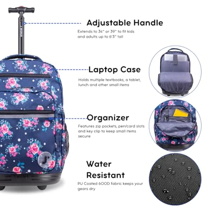 J World Sundance Laptop Rolling Backpack for Girls Boys. Roller Bookbag with Wheels, Navy Rose by J World New York - Image 2