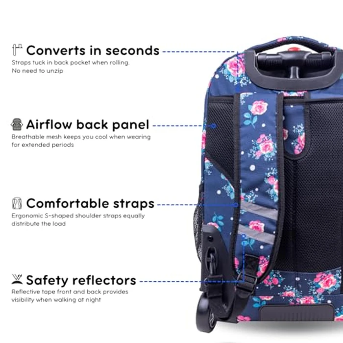 J World Sundance Laptop Rolling Backpack for Girls Boys. Roller Bookbag with Wheels, Navy Rose by J World New York - Image 3