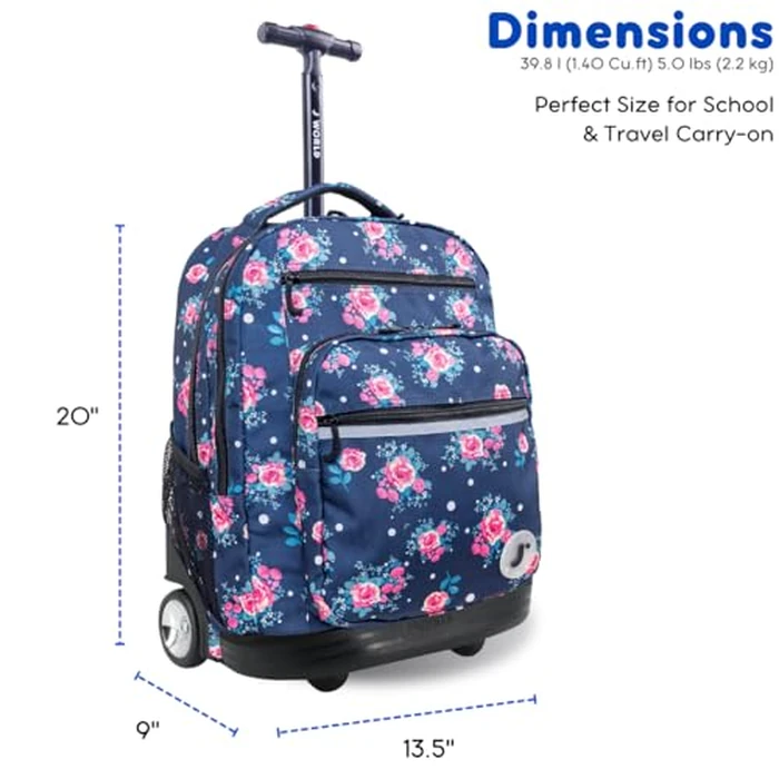 J World Sundance Laptop Rolling Backpack for Girls Boys. Roller Bookbag with Wheels, Navy Rose by J World New York - Image 4