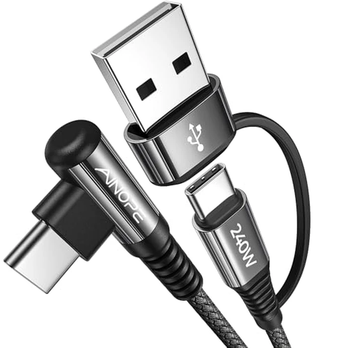 AINOPE 240W Long USB C Cable Multi 4 in 1 Charging Cable Fast Charging C Type Charger Fast Charge USB to USB C,Right Angle Fit iPhone 17 16 15 Pro Max iPad Samsung 10FT Black by AINOPE - Used - Like New condition