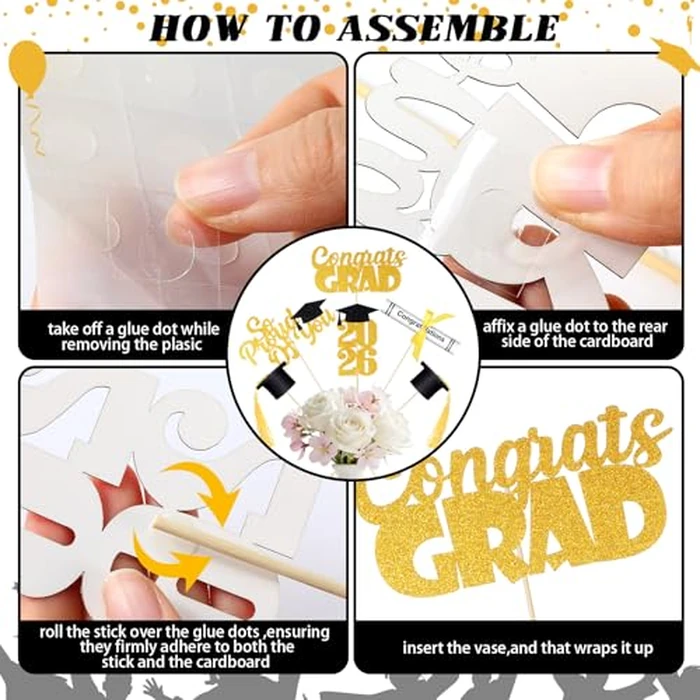 Pinkunn 20 Pcs 2026 Graduation Decorations Class of 2026 Graduation Table Centerpieces Glitter 3D Grad Cap Diploma Cake Topper Easy Assemble for 2026 Grad Party Supplies Decorations(Black) by Pinkunn - Image 4