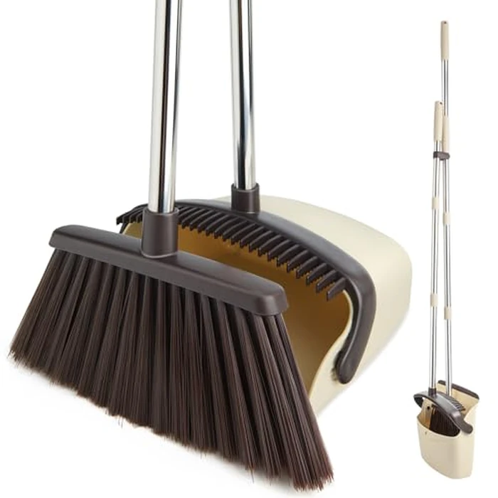 XXFLOWER Broom and Dustpan Set with Long Handle, Heavy Dust Broom and Dustpan Combo for Home，Kitchen, Office, Pet Hair(Beige) by XXFLOWER - Used - Very Good condition