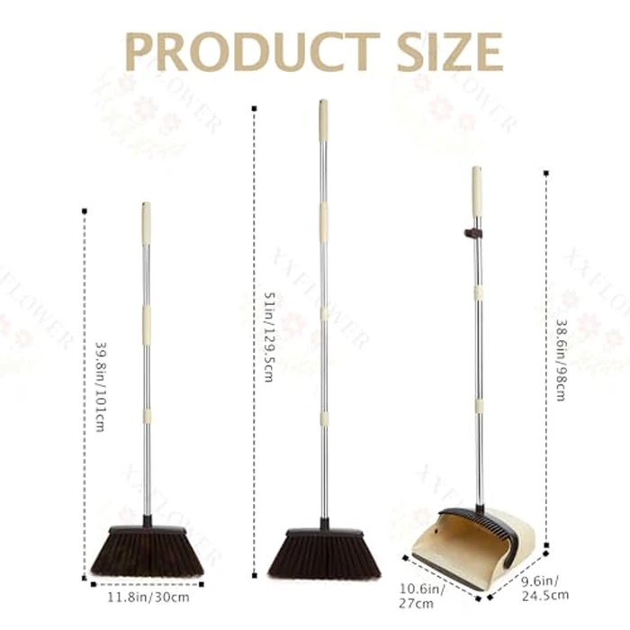 XXFLOWER Broom and Dustpan Set with Long Handle, Heavy Dust Broom and Dustpan Combo for Home，Kitchen, Office, Pet Hair(Beige) by XXFLOWER - Image 2