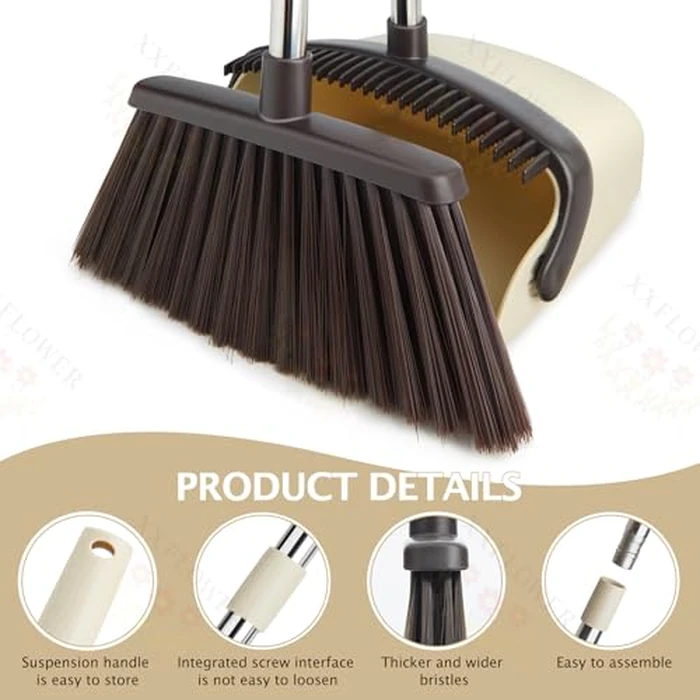 XXFLOWER Broom and Dustpan Set with Long Handle, Heavy Dust Broom and Dustpan Combo for Home，Kitchen, Office, Pet Hair(Beige) by XXFLOWER - Image 6