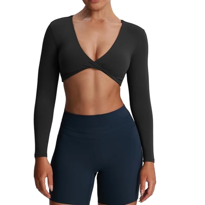 Aoxjox Long Sleeve Crop Tops for Women Metamorph Sienna Twist Deep V Workout Cropped T Shirt Top (Black, Small) by Aoxjox - Used - Acceptable condition