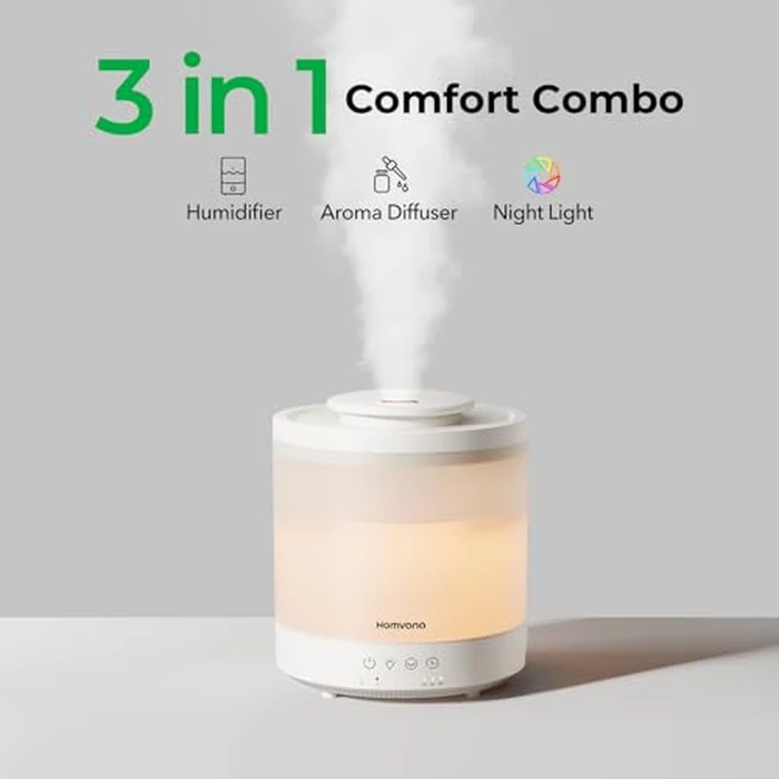 Homvana Small Humidifiers for Bedroom - 1.5L Cool Mist Top Fill Humidifier for Baby Nursery, Essential Oil Diffuser, 3 in 1 for Home Plants Offices and Grow Tents, 7 Color Lights, Ultrasonic (White) by Homvana - Used - Good condition - CA$24.66