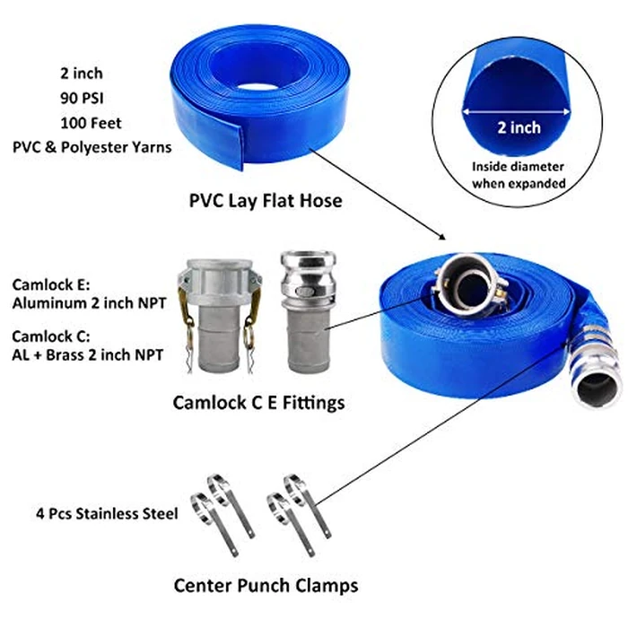 2" x 100' Blue PVC Backwash Hose for Swimming Pools, Heavy Duty Discharge Hose Reinforced Pool Drain Hose with Aluminum Camlock C and E Fittings by Eastrans - Image 5