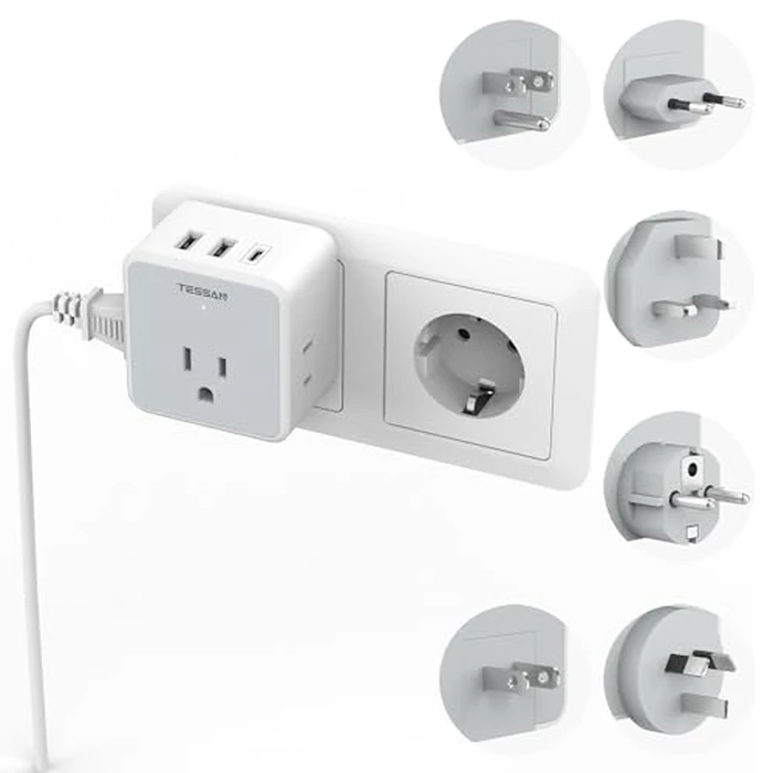 TESSAN Universal Travel Adapter Kit, 6-in-1 International Power Adapter with 3 USB (1 USB C) and 3 AC Outlets, Wordwide Adaptor Supports Type C, G, E/F, I, A, B for US EU UK Australia Japan, Grey by TESSAN - Used - Like New condition - US$25.64