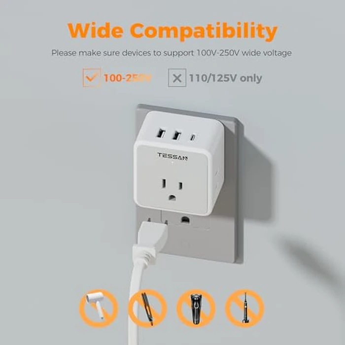 TESSAN Universal Travel Adapter Kit, 6-in-1 International Power Adapter with 3 USB (1 USB C) and 3 AC Outlets, Wordwide Adaptor Supports Type C, G, E/F, I, A, B for US EU UK Australia Japan, Grey by TESSAN - Image 2